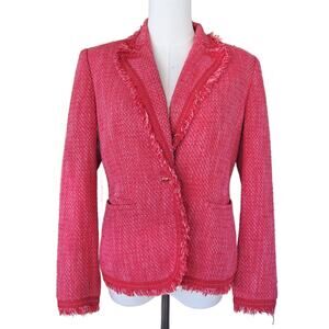 KASPER Hot Pink Tweed Fringe Blazer Size 6 Petite Jacket